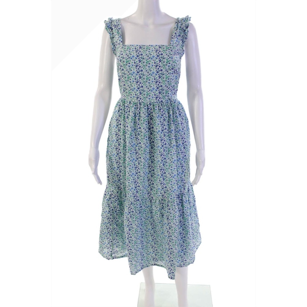 New J.Crew Floral Midi Dress Ruffle Strap Open Back Blue Green Women's 12 h1